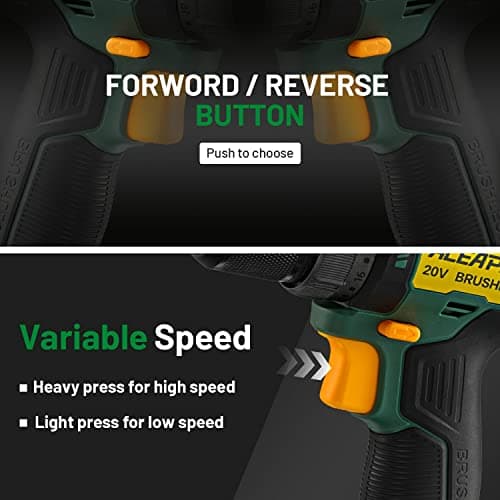 ALEAPOW D10 Cordless Brushless Drill Driver Kit, 20V, 2-Speeds(0-1650RPM), 350 In-lbs, 3/8' Keyless Chuck, 20+1 Torque Setting, 2.0Ah Battery, Charger, LED, 38 Pcs Drill/Driver Bits 5