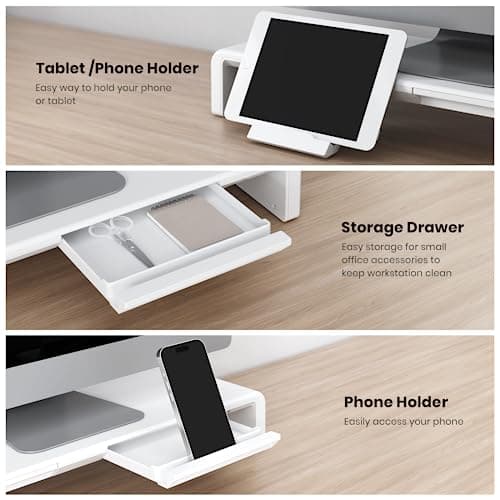 Monitor Stand Riser, Klearlook Foldable, Height Adjustable Computer Stand, Desk Shelf Riser with Storage Drawer &Tablet Phone Stand for Desktop, Laptop (White) 5