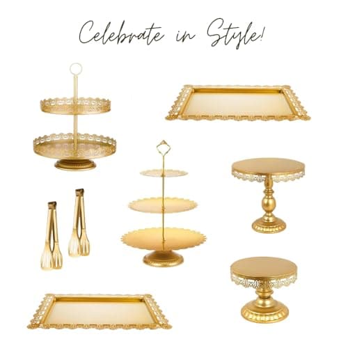 The Party People - Premium Party Supplies - Gold 8-Piece Cake Stand & Dessert Display Set – Elegant Metal Tiered Cupcake Holder, Serving Tray & Platter for Weddings, Birthdays, Baby Showers, and Events