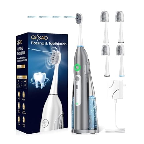 OILSAO Electric Toothbrush with Water Flosser 3 in 1, Sonic Flossing Toothbrush with 3 Modes & 5 Speeds, 4 Brush Heads, Portable for Travel, for Adults Teeth Cleaning and Plaque Removal,Light Gray