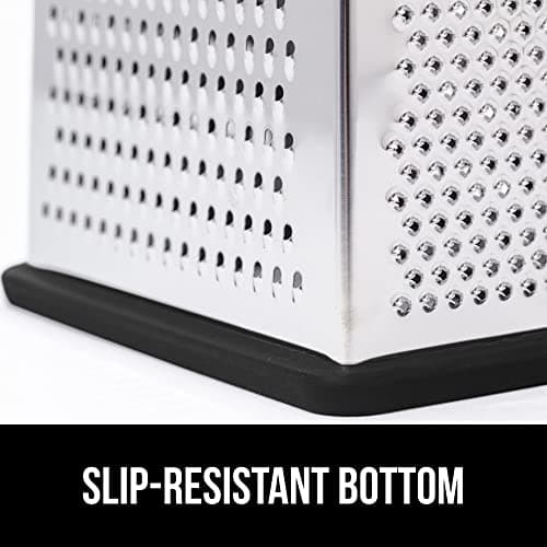 GORILLA GRIP 4-Sided Stainless Steel Cheese Grater With Container, 100% BPA-Free Box Grater, Slip Resistant Base and Handle, Grate Parmesan, Hard Cheeses, Shred Vegetables, Dishwasher Safe, Black 6