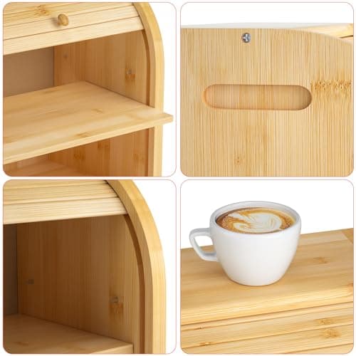 G.a HOMEFAVOR Roll Top Bread Box for Kitchen Counter, Large 2-Tier Bamboo Bread Storage Container, Bread Holder Food Bin for Countertop, Self-Assembly 6