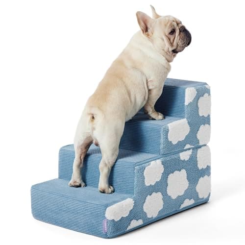 Lesure Dog Stairs for Small Dogs 18" H 4-Step Foam Pet Steps Foldable for High Bed Couch and Sofa Chairs Jacquard Shaggy Plush for Cats with Supporting Board and Non-Slip Bottom, Light Blue