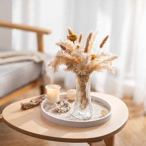 Hanobe Decorative Serving Tray Round: Farmhouse Coffee Table Decor Boho White Mandala Trays for Living Room Kitchen Bathroom Display 7