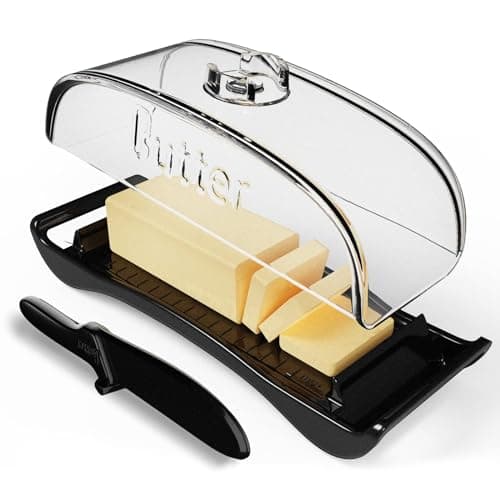 Plastic Butter Dish with Lid and Knife - BPA-Free Butter Tray Container for Countertop,Black Butter Dish for Refrigerator, Camping or Travel, Dishwasher & Freezer Safe