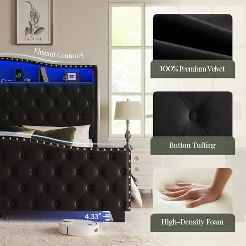 Belffin King Size Bed Frame and Headboard, 50.9" Velvet Upholstered Wingback Bedframe with LED Lights & Storage/Charging Station, Button Tufted Tall Footboard, No Box Spring Needed, Noise-Free, Black 6