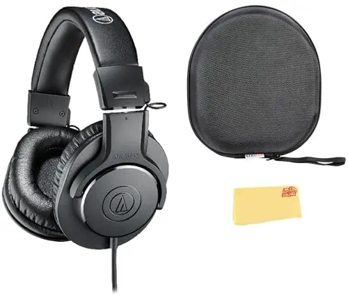 Audio-Technica ATH-M20x Professional Monitor Headphones - Black Bundle with Case and Austin Bazaar Polishing Cloth