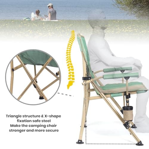 XGEAR Camping Chair with Padded Hard Armrest, Sturdy Folding Camp Chair with Cup Holder, Storage Pockets Carry Bag Included, Support to 400 lbs (1-Green) 4