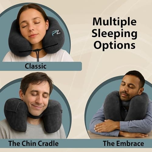 FLOWZOOM Air Inflatable Neck Pillow for Traveling on Plane - H-Shape Hooded Airplane Pillow with 5 Snooze Modes, Fast Inflation, Pressure Control, Cozy Clip-On Hood & Plushy Cover - Size L, Jet Black 6