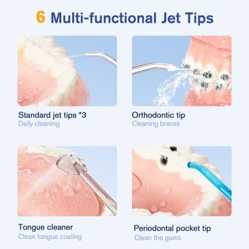 ZOZOA Cordless Water Dental Flosser, 4 Mode Oral Irrigator, Portable Rechargeable Teeth Cleaner, Ipx7 Waterproof, 6 Replacement Jet Tips, 300ml Water Flosser for Teeth Cleaning Braces, Black 5