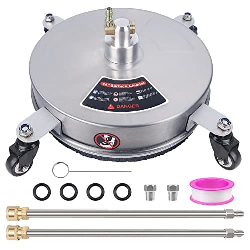 Biswing 14" Pressure Washer Surface Cleaner with 4 Wheels, Stainless Steel Power Washer Accessory for Driveways Sidewalks Patios Cleaning, 1/4" Quick Connector, 2 Extension Wand Attachments, 4000 PSI