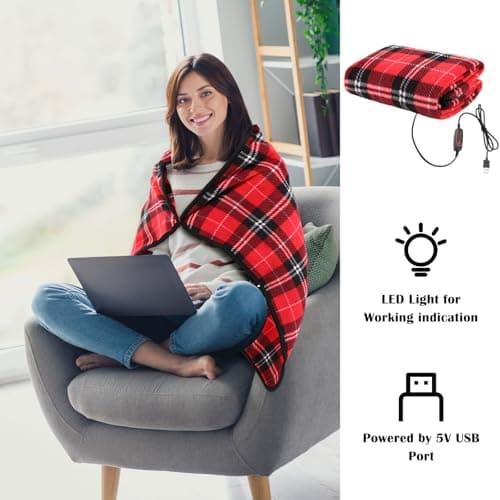 Tuanse 2 Pcs USB Heated Blanket 25"x35" Small Portable 5v 3 Setting Electric Blanket with Timer and Temperature Controller Winter Wearable Recharge Throw for Travel Home(Rose Red Plaid) 6