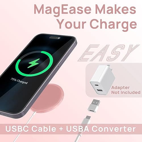 Magnetic Wireless Charger,MagEase 15W Wireless Charger Magnetic Compatible with iPhone 17/16/15/14/13/12 Series and AirPods 3/2/Pro, Charging Pad with USB-C Cable and USB-A Converter (Pink) 2