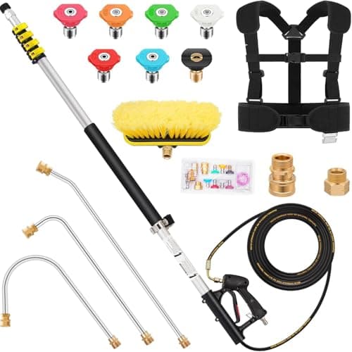 24FT Aluminum Telescoping Pressure Washer Wand with Power Washer Extension Wand, Gutter Cleaner Attachment, Brush Head, 7 Spray Nozzle Tips, 3 Hose Inlet Adapters and Support Harness1
