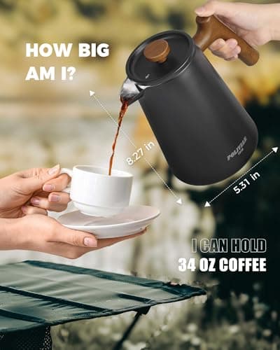 POLIVIAR French Press Coffee Maker, 34 oz Coffee Press with Real Wood Handle, Double Wall Insulation & Dual-Filter Screen, Food Grade Stainless Steel for Good Coffe and Tea, JX2025-XFPB 5