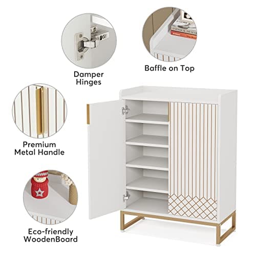 Tribesigns Shoe Cabinet with Doors, 5 Tiers Shoe Storage Cabinet for Entryway, 25 Pairs Wooden Shoe Cabinets, Modern Shoe Organizer Storage for Living Room, Bedroom, Hallway, Closet, White 5