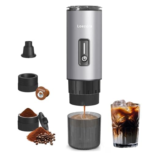 Loezora Stainless Steel Portable Espresso Maker – 20Bar, 7500mAh Rechargeable, 3-in-1 for Nespresso/DG Capsules & Ground Coffee, Self-Heating, Best Value for Camping Car Travel (Silver