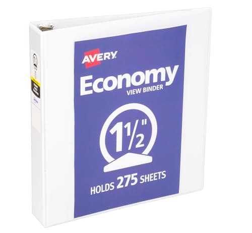 Avery Standard View 3 Ring Binder, 1.5" Round Rings, 275-Sheet Capacity, 2.1 Inch Wide Spine, 1 White Binder, Ideal for Lightweight Organization and Occasional Referencing (05770)