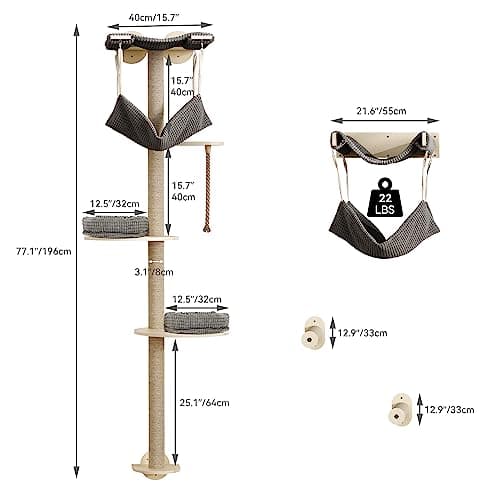 YITAHOME Tall Cat Tree Wall Mounted with Hammock, Cat Wall Shelves Furniture 5 Tiers Floating Climb for Indoor Cats, Wooden Cat Tower with Tall Scratching Posts Mat Removable Cushion, 78 inch 6