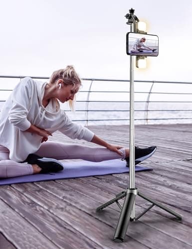 53'' Selfie Stick Tripod with Light, Extendable Selfie Stick with Remote, Portable Cell Phone Tripod Stand with All in 1 Phone Clip, Lightweight Camera Tripod Compatible with iPhone 15 14 13, Android 9