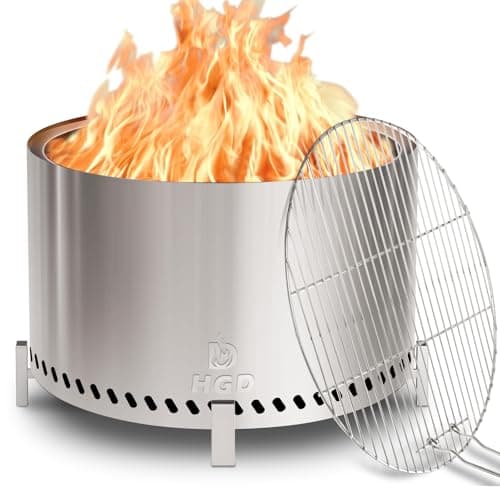 HGD 27.5" Smokeless Firepit with Stand & Grill Rack, Large Stainless Steel Wood Burning Fire Pit for Friends & Family Gatherings, Secondary Combustion Outdoor Patio Stove for Garden BBQ & Bonfire