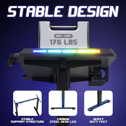 Gaming Standing Desk with LED Lights & Host Shelf, 55" x 24" Gaming Table with Music Sensing APP Control, Underdesk Cable Storage Electric Standing Desk, Black Carbon Fiber PC Table for Home Office 8