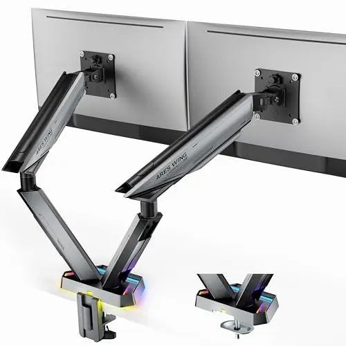 ARES WING RGB Dual Monitor Arm for 17-38" Ultrawide Screens, Holds 35.2lbs, Heavy Duty Dual Monitor Stand for Desk, Adjustable Double Mount with Clamp & Grommet Base, 75/100 VESA Mount, Gray