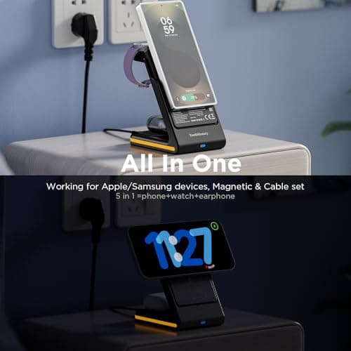Wireless Charger 5 in 1 Magnetic Charging Station Stand with Portable Power Bank for Apple/Samsung Multiple Devices for Apple Watch 10-2,iPhone 16 15-12 Pro Max/Samsung Galaxy S25 Ultra S24-S8 6