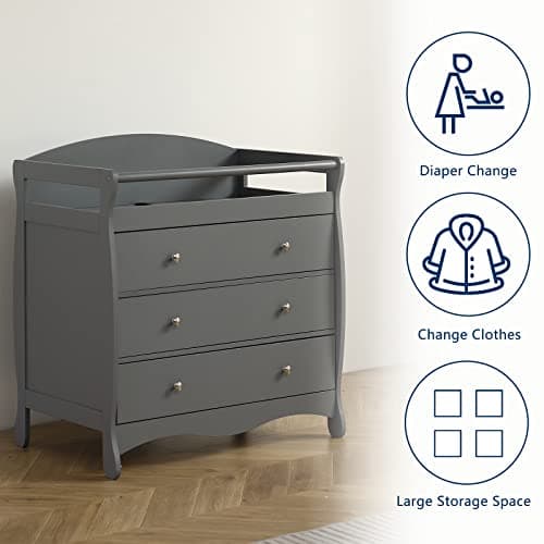 Karl home Changing Table Dresser Baby Diaper Changing Station Infant Nursing Table with 3 Drawers, Safety Rail & Strap for Bedroom, Nursery, Gray 5