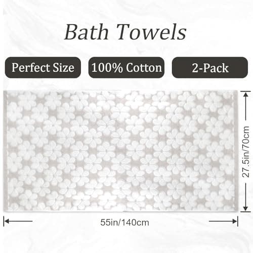 Jacquotha Soft Bath Towels 2 Pack, Super Absorbent Shower Towels 27.5x55 Inches, Cute Floral Jacquard Bathroom Set, Cotton, Light Beige 7