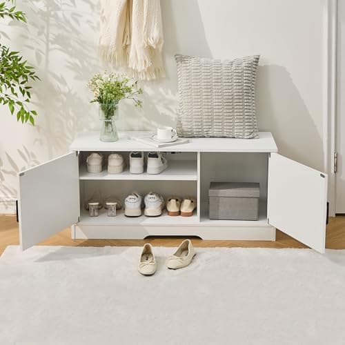 Shoe Bench, Entryway Storage Bench with 2 Doors, Shoe Rack Adjustable Shelves, Shoe Cabinet with Storage, 31.5" W x 13.8" D x 18.1" H for Entryway, Living Room, Hallway, Mudroom, Bedroom, White 7