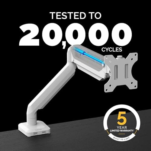 Fellowes Platinum Series Single Monitor Arm for 40-Inch Monitors, Full Motion, 360° Rotation, VESA Mount with Grommet or Clamp, USB Ports, Ergonomic, White, 8056201 6