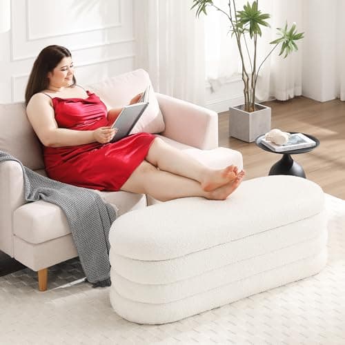 Busaurus Storage Ottoman Bench 49.2 Inch Upholstered Fabric Storage Bench for Bedroom End of Bed Aesthetic Large Oval Ottoman for Living Room Entryway (Ivory) 8