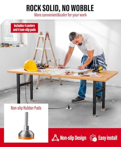 FLAWNT 60" Adjustable Work Bench,Hardwood Top Garage Work Bench Table,Heavy Duty 2000 LBS Load Worktable,Rolling Mobile Workbench with Power Strip for Workshop Office Home 7