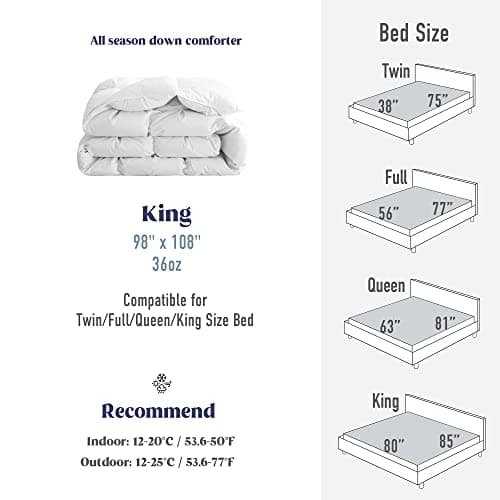 puredown® Goose Down Comforter King Size 800 Fill Power, 100% Cotton All Season Duvet Insert 700 Thread Count, Cloud Fluffy Pinch Pleat Extra Warmth 7