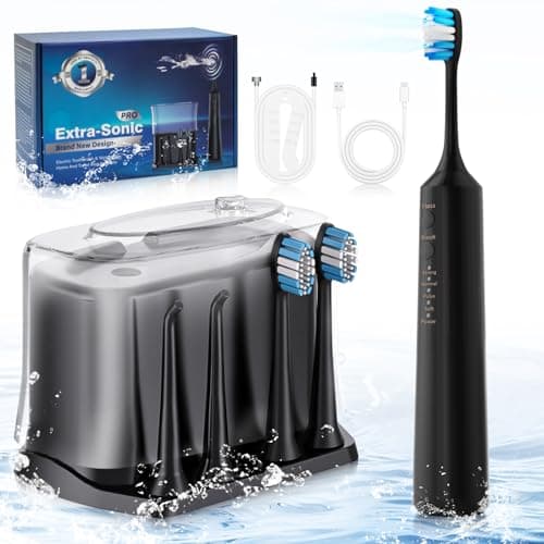 NGDGDDW 2-1 Professional Electric Toothbrush with Water Flosser, 3800VPM Ultrasonic Water Dental Flosser Toothbrush Combo- 4 Modes & 4 Intensity Levels, Brushing & Flossing for Home and Travel, Black