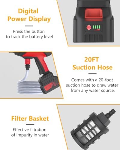 DECOKTOOL Cordless Pressure Washer, Portable Pressure Washer Battery Powered Max 950PSI, 1.2GPM with 1 * 21V 4.0Ah Rechargeable Battery, 20FT Drain Hose, Electric Power Washer for Car, Floor, Red 6