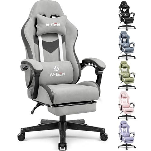 N-GEN GAMING Video Gaming Chair Office Computer Desk Use Ergonomic Reclining Backrest Adjustable Armrests Lumbar Support Footrest High Density Foam Breathable Fabric Heavy Duty Base (Grey)