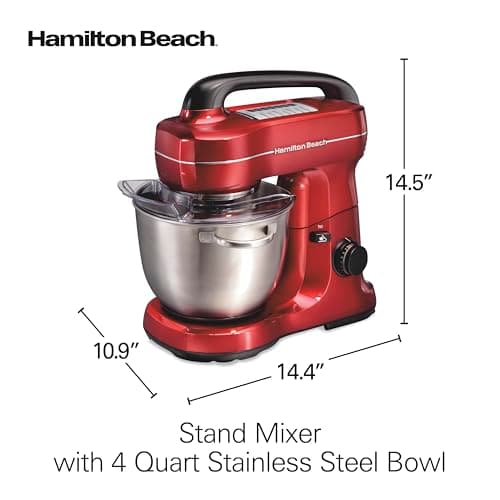 Hamilton Beach Electric Stand Mixer, 4 Quarts, Dough Hook, Flat Beater Attachments, Splash Guard, 7 Speeds with Whisk, Easy-Carry Top Handle, Red 8