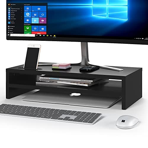 BONTEC Wood Monitor Stand Riser, 2-Tier Desktop Organizer with Storage, Ergonomic Computer Stand for Desk, Cable Management, Cellphone Holder, 21.3 Inch Shelf, Black