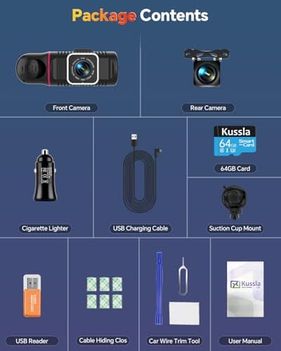 Kussla Dash Cam Front and Rear Inside, 1080P 3 Channel Dash Camera for Cars with 64GB Card, Super Night Vision Dashcam, Car Camera with Loop Recording, G-Sensor, WDR, 24H Parking Monitor 8