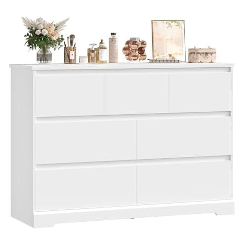 FACBOTALL Dresser for Bedroom, Modern White Dresser, Wood Chest of Drawers Nursery Dressers, with Storage, 7 Drawer Double with Handle Free, Large Storage Organizer for Living Room,White 8