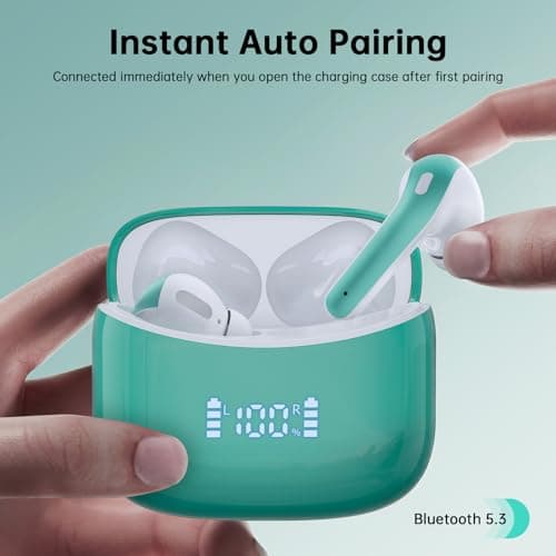 Wireless Earbuds, Bluetooth Ear Buds Headphones, 60H Long Playtime, Stereo Deep Bass, LED Power Display, IPX7 Sport Waterproof, Lightweight in-Ear Earphones with Mic for iPhone Android PC Royal Green 7