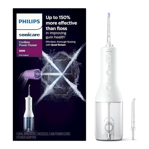 Philips Sonicare Cordless Power Flosser 3000 - Water Flosser with Innovative Quad Stream Technology, Oral Irrigator with 2 Flossing Modes and 3 Pressure Levels, IPX7 Waterproof, White, HX3826/21