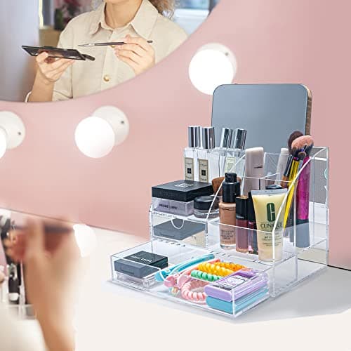 ARCOBIS Acrylic Desk Organizer with 2 Drawers, Clear Office Desktop Accessories Stationery Pen Organizer for Desk, Features 5 Compartments + 2 Sliding Drawer 8