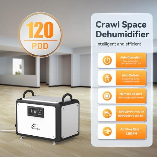 Commercial Dehumidifier 120 Pint with Drain Hose for Crawl Spaces, Industrial, Basements, Garages, Dehumidifier with Pump, Portable, Compact, Large Capacity, Auto Defrost, Memory Restart 7