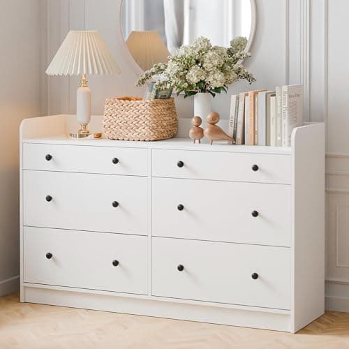 Cozy Castle Baby Dresser with 6 Drawers and Large Table Top, Multi-Functional Chest of Drawer, Drawer Dresser with Three-Sided High Rails for Nursery, Children's Room, Bedroom, White 8