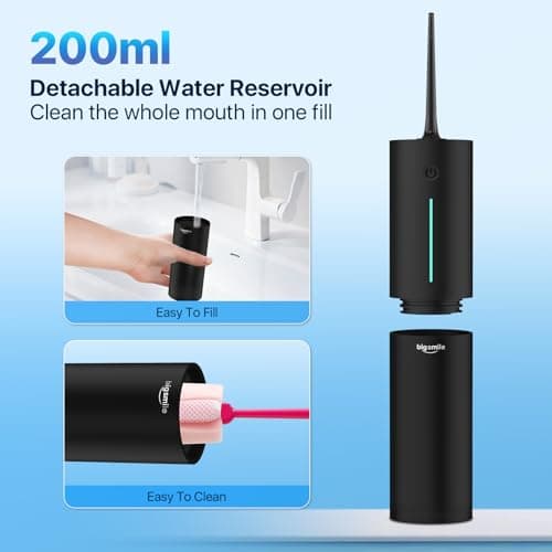 Bigsmile Black Water Flosser Cordless Portable Dental Irrigator Travel Shower Strong Pick Floss IPX7 200ML Must Have for Kids Braces Bridges (Black 5