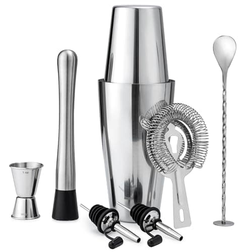 Boston Cocktail Shaker Set, 8-Piece Bartender Kit with 18oz & 28oz Shaker Strainer Muddler Jigger Mixing Spoon Pourers, Bar Accessories, Stainless Steel Martini Shaker, Bar Tools