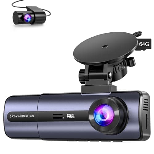 3-Channel 4K Dash Cam with WiFi, 4K+1080P+1080P Front/Inside/Rear, Night Vision, Parking Mode, 64GB Card Included